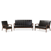 Baxton Studio BBT8011A2-Black 3PC Set Nikko Mid-century Black Faux Leather 3 Pieces Living Room Sets